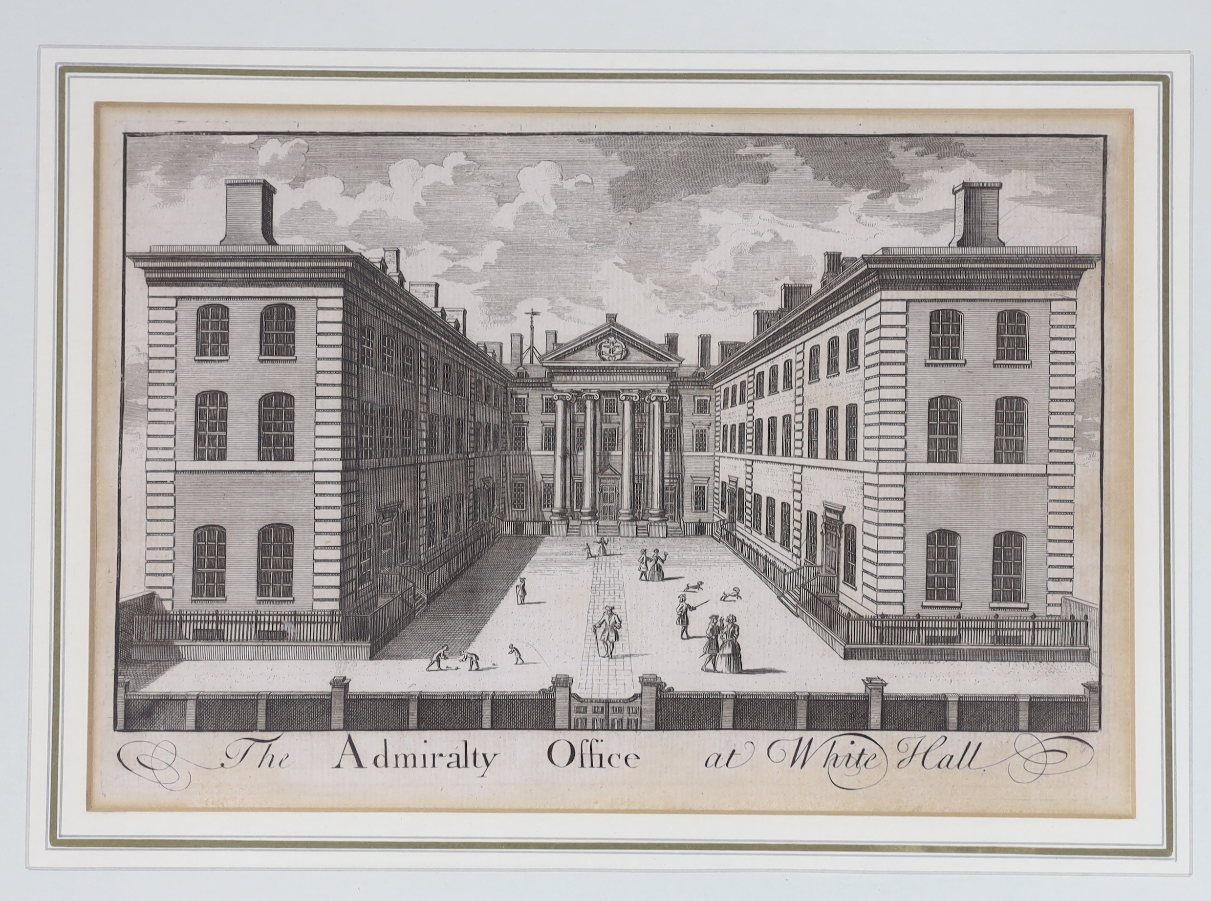 18th century, pair of etchings, ‘ Leicester Square’ & ‘The Admiralty Office at White Hall’, each 18 x 29cm